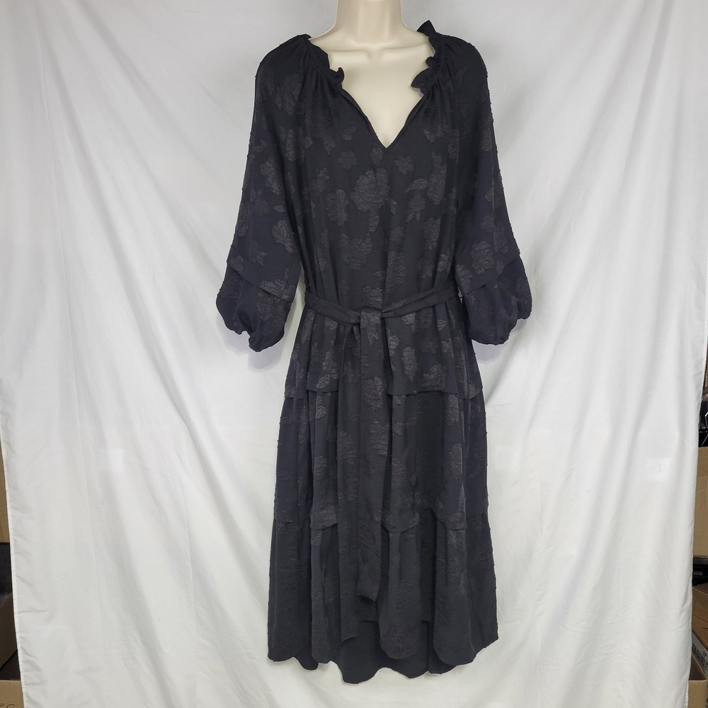 Pioneer Woman black midi dress . 3/4 sleeve tiered . ruffled .  v neck . Large